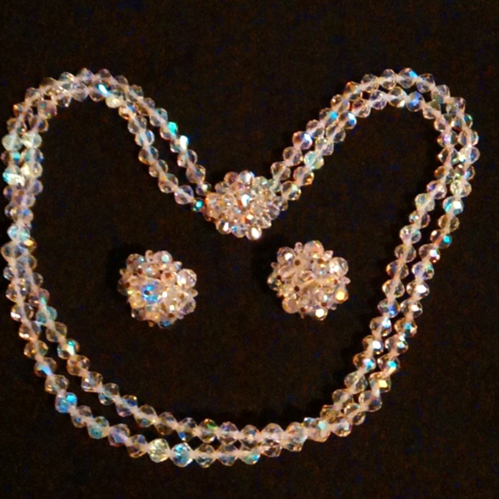 Amazing Vintage Aurora Borealis Czech Glass 2 Strand Necklace with Earrings.